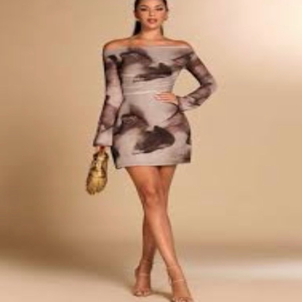 #452 Shein Gorgeous off the shoulder Brown and Cream Abstract Long Sleeve Dress